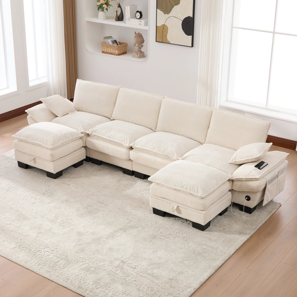 DIVANO Modulare 4 posti 330x132x84 cm in corduroy beige con 2 pouf