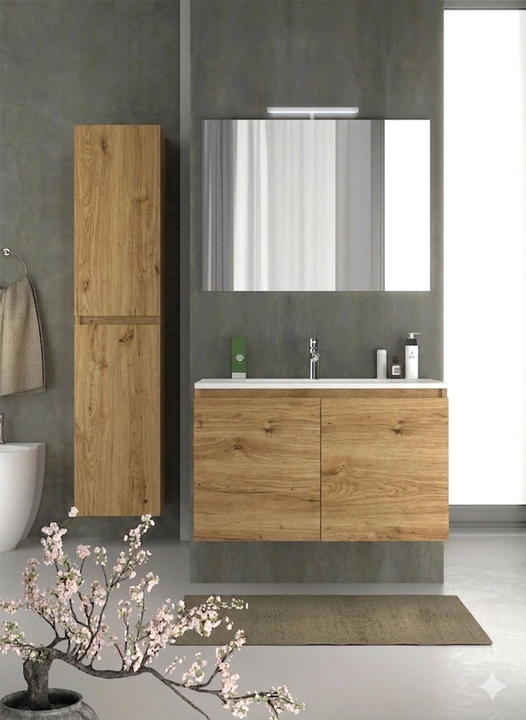 Mobile da Bagno Sospeso con Lavabo 80 cm e Specchio Bali Two Rovere Miele