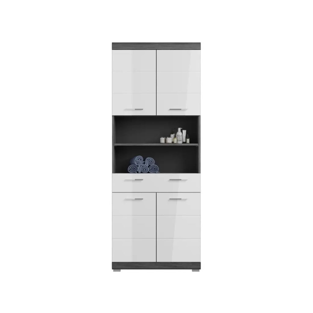Colonna da bagno SCOTT – 4 porte e 1 cassetto – Grigio scuro e bianco – 74x191x31 cm