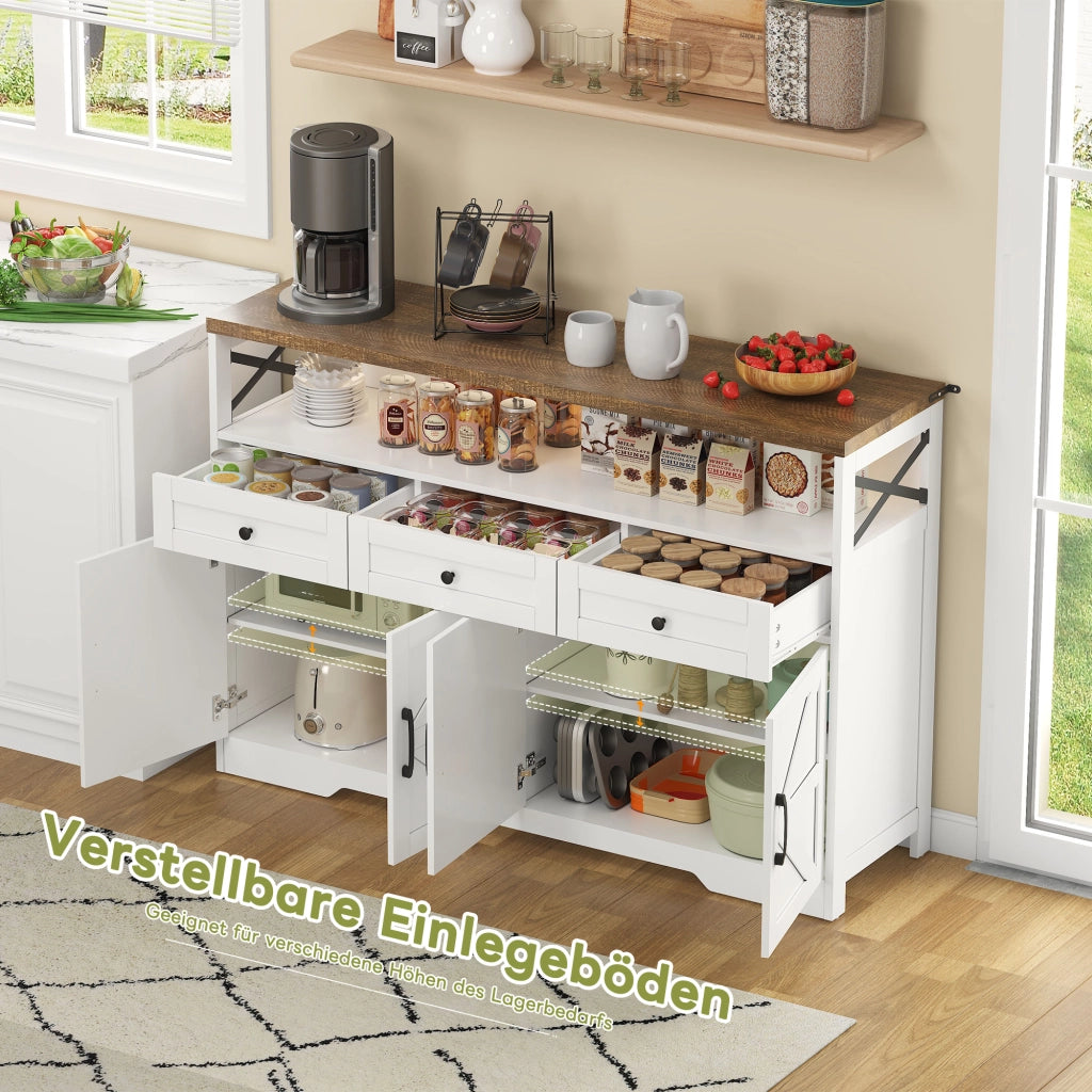 BUFFET 140x35x95 cm con 3 cassetti e 2 armadi, MDF Marrone/Bianco