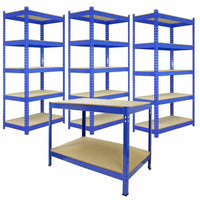 Set 3 Scaffali ad Incastro con Banco da lavoro da 120 cm Piani in MDF Struttura in Acciaio Blu