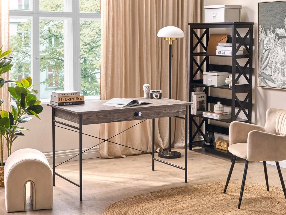 Set di mobili per ufficio libreria da scrivania in legno scuro con gambe in acciaio MDF nero, ripiani, cassetti, set moderno per l'home office