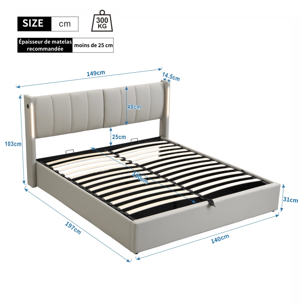 Letto Contenitore 140x190 cm; Letto Matrimoniale - USB; LED e regolazione - in PU - Grigio