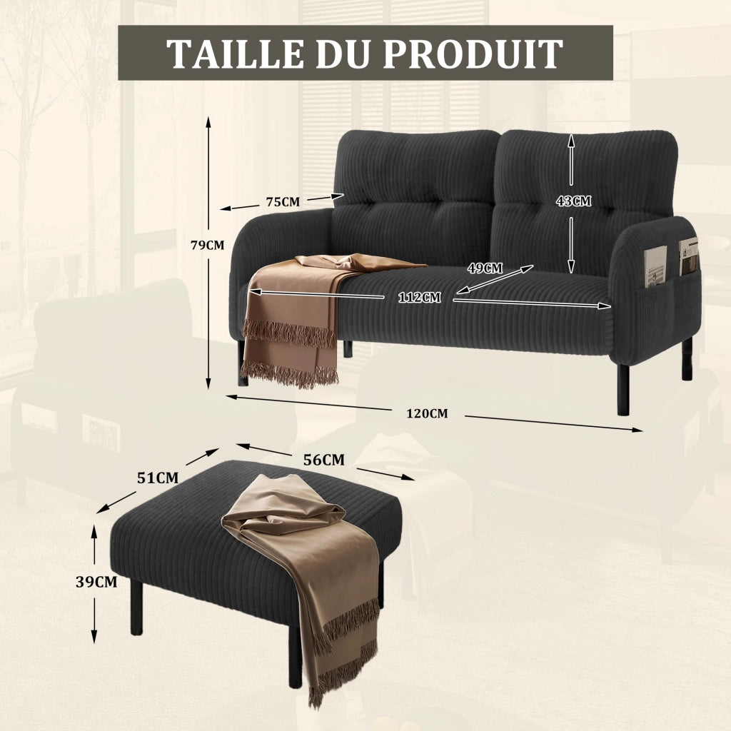 Divano 2 Posti con Schienale Ergonomico e Tasca Laterale, in Velluto a Coste Grigio 120 × 75 × 79 cm