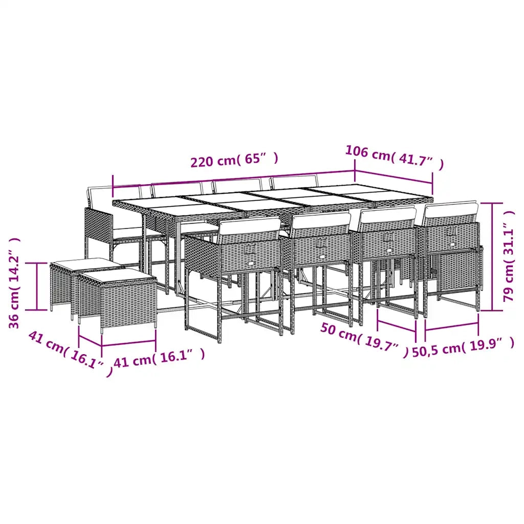 Set da Pranzo da Giardino 13 pz con Cuscini Beige in Polyrattan 3211342
