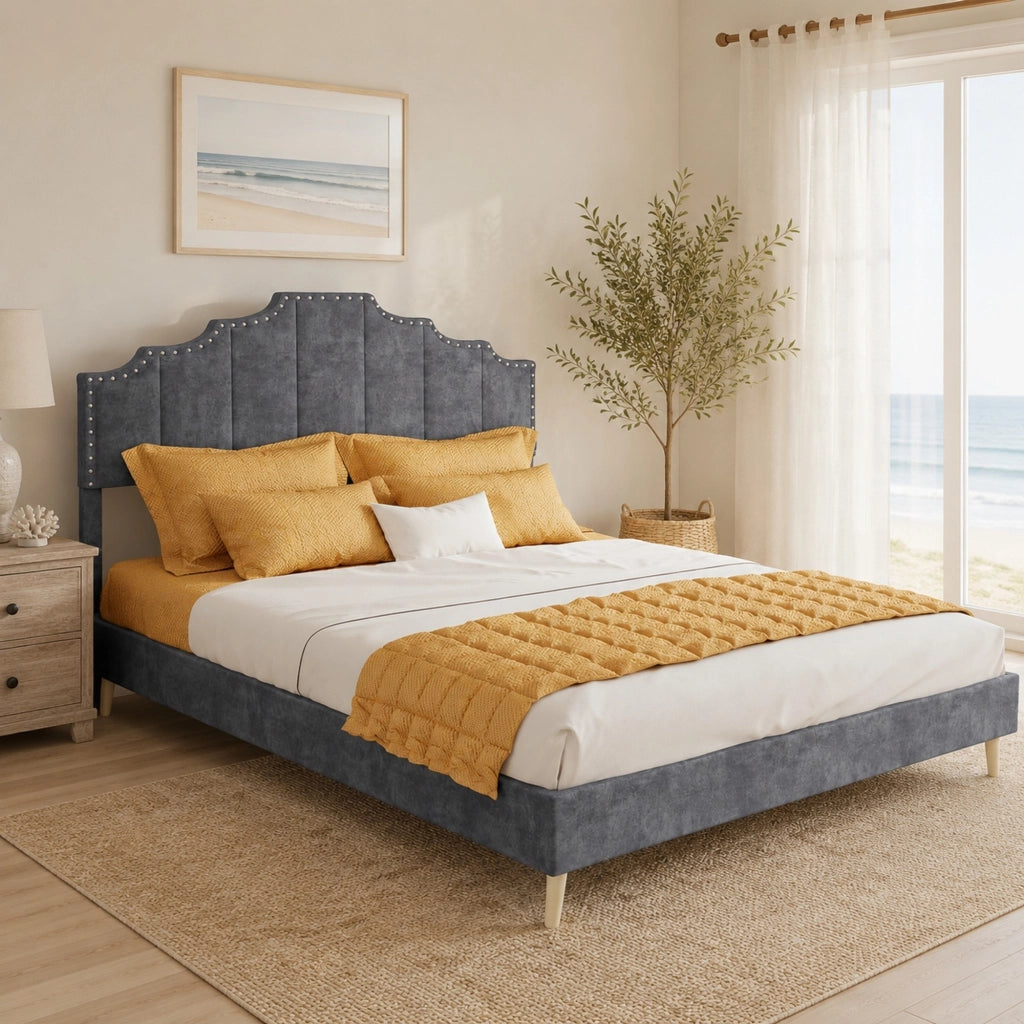 Letto 140 × 200 cm con testiera imbottita in tessuto e struttura in metallo grigio