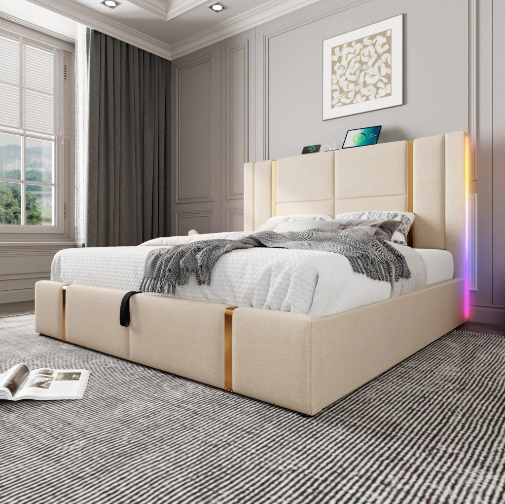 Letto matrimoniale imbottito 140x200 cm con contenitore; LED RGB; USB-C; beige in lino