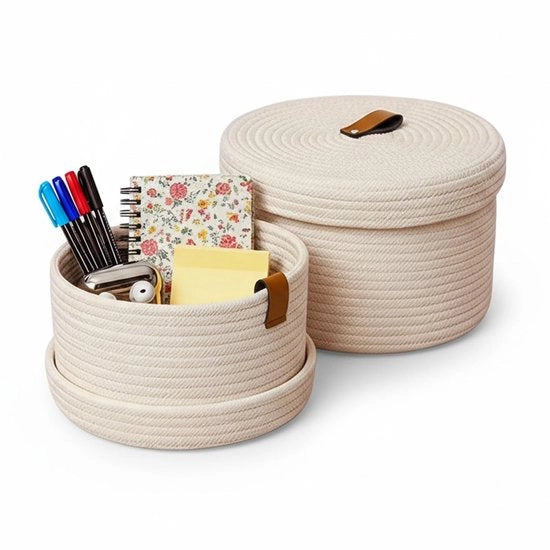Organizzatore multifunzionale con coperchio - Cassa di stoccaggio con maniglia - Set di 2 - Contenitore decorativo lavabile - Organizzatore di stoccaggio con maniglia