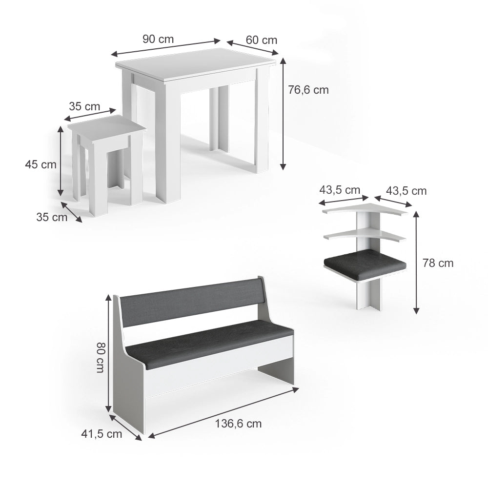 Vicco Gruppo panca ad angolo Bianco 180 x 41.5 cm con tavolo