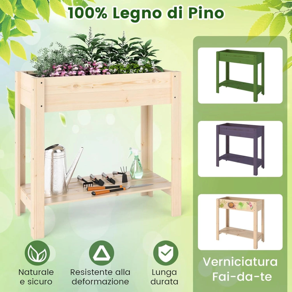 Letto da Giardino Rialzato in Legno, Fioriera Elevata con Ripiano, Drenaggio, Contenitore per Fiori, Erbe e Frutta, Scatola da Giardinaggio per Interno ed Esterno, 81x37x77CM