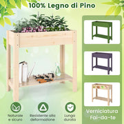 Letto da Giardino Rialzato in Legno, Fioriera Elevata con Ripiano, Drenaggio, Contenitore per Fiori, Erbe e Frutta, Scatola da Giardinaggio per Interno ed Esterno, 81x37x77CM