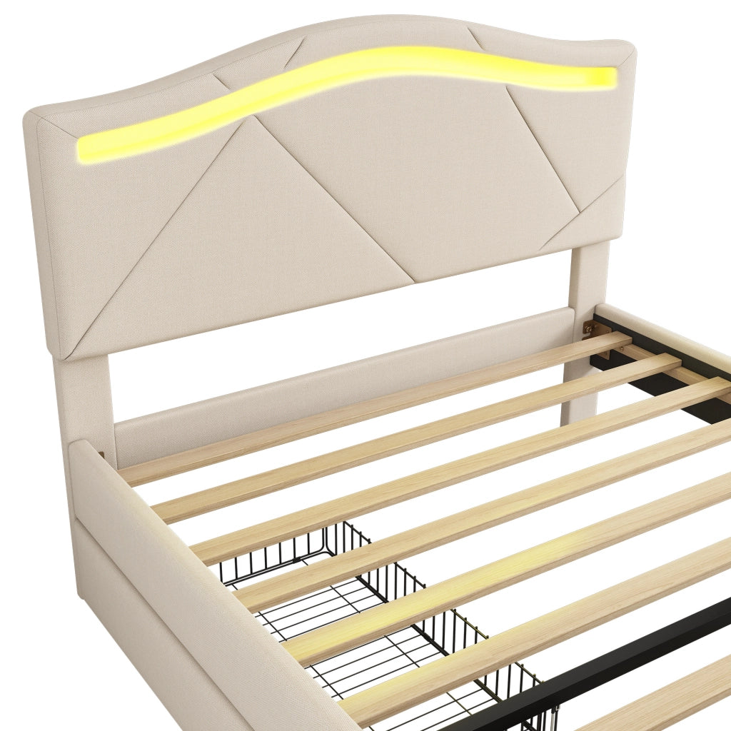 Letto imbottito ULEVR 90x200 cm beige con LED, 2 cassetti e testiera regolabile in lino