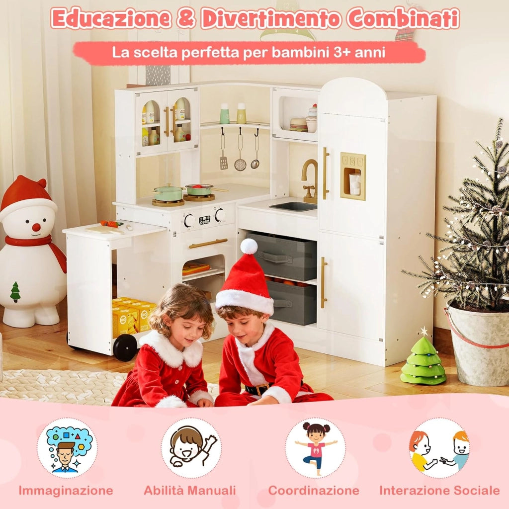 Cucina Giocattolo Angolare in Legno, Set di Cucina Giocattolo per Bambini con Lavabo, Fornelli, Forno, Frigorifero, Macchina del Ghiaccio e Accessori, per Bambini 3 Anni+ (Bianco)