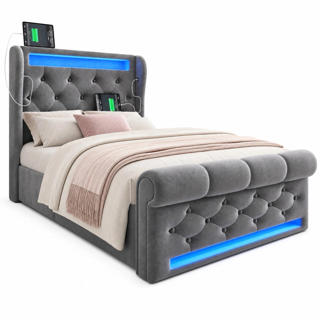Letto imbottito 90x200 cm con contenitore idraulico; LED; USB e Type-C; velluto grigio