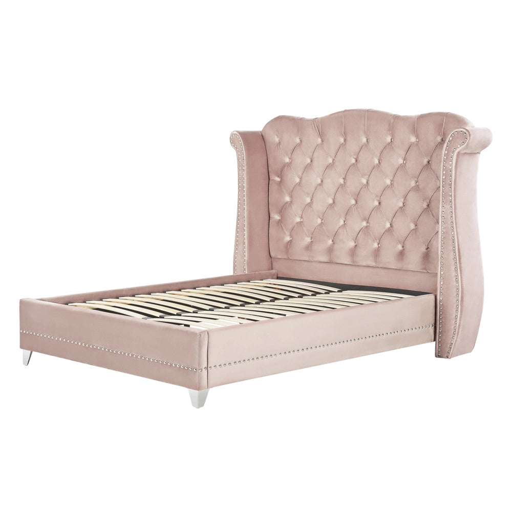 Letto in velluto color rosa 160 x 200 cm testiera alta decorata con bottoncini stile retrò e tradizionale