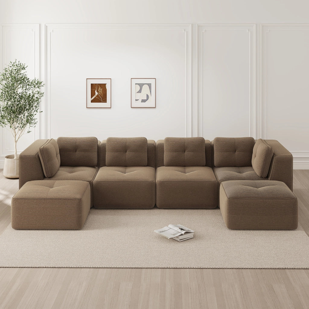 Divano angolare modulare trasformabile con ottomana design antiscivolo senza montaggio in velluto a coste marrone