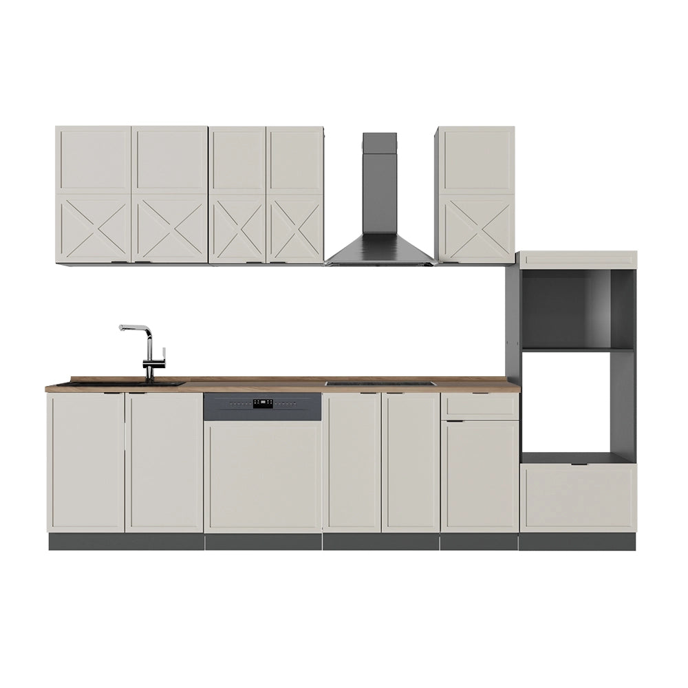 Cucina componibile Fame-Line GrigioBeige/Antracite 300 cm con armadio alto, PL Rovere Vicco