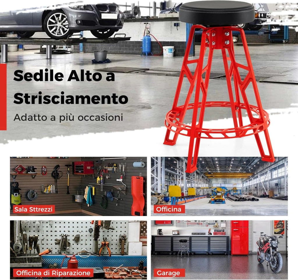 Sgabello da Officina, Sedia Meccanico in Metallo con Girevole a 360° e Seduta Imbottita, Capacità di 182 kg, Sgabello Alto da Lavoro con Poggiapiedi per Garage e Officina, Rosso + Nero