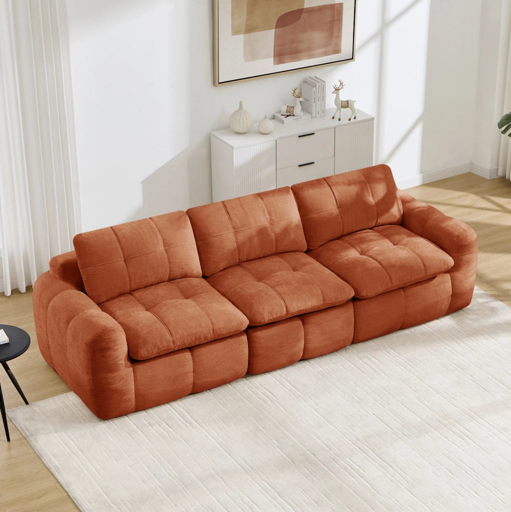 Divano modulare 3 posti senza telaio 264x97x68 cm in chenille arancione con design trapuntato