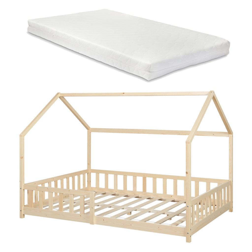Letto Piazza e Mezza Hesel per Cameretta Forma di Casetta con Materasso 120 x 200 cm Naturale [en.casa]