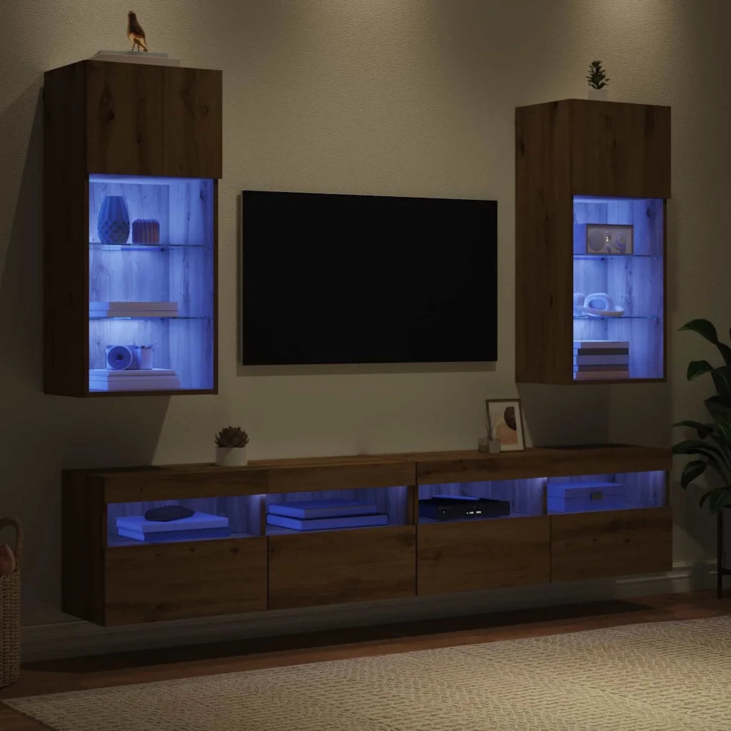 Mobiletti TV a parete con LED 2 pcs Rovere artigianale
