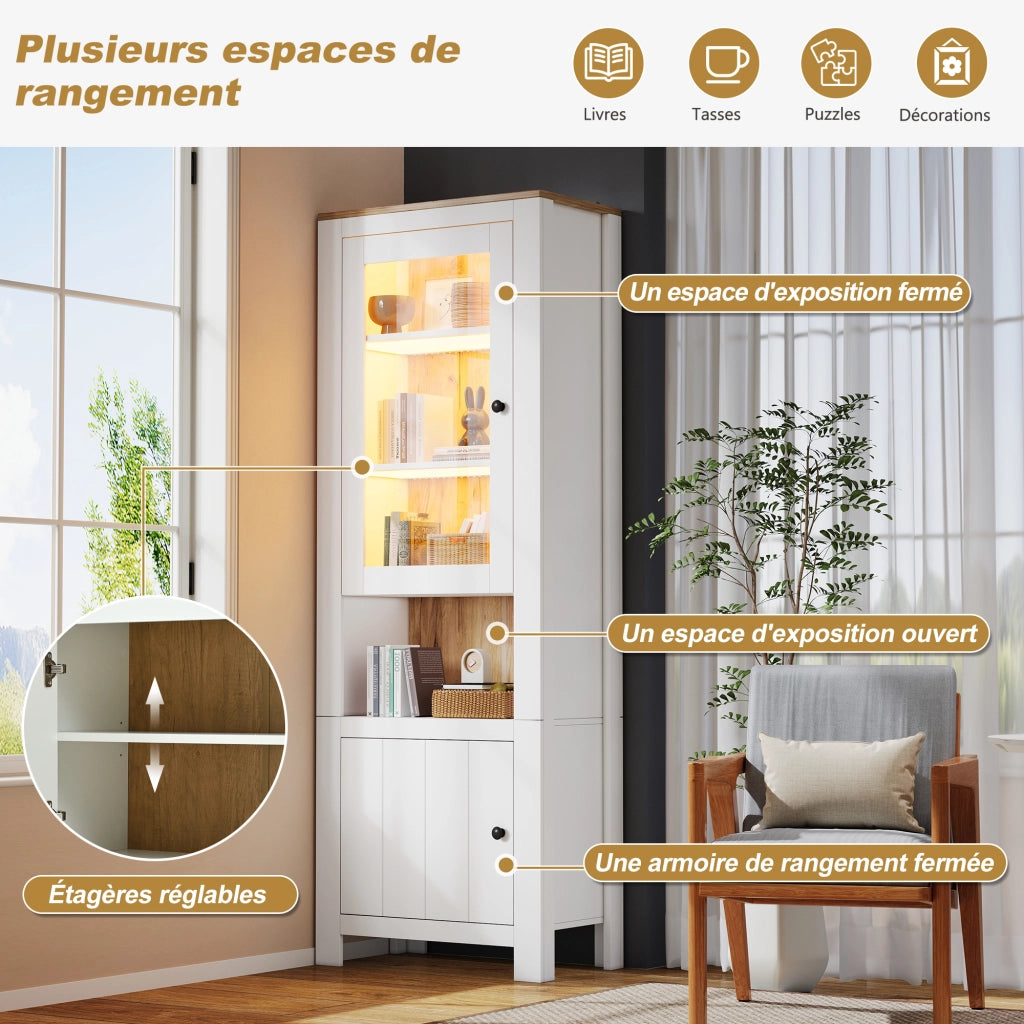Vetrina alta con 2 ante, 6 ripiani e LED, per soggiorno, in pannello truciolare e vetro, bianco, 70 × 40 × 188 cm
