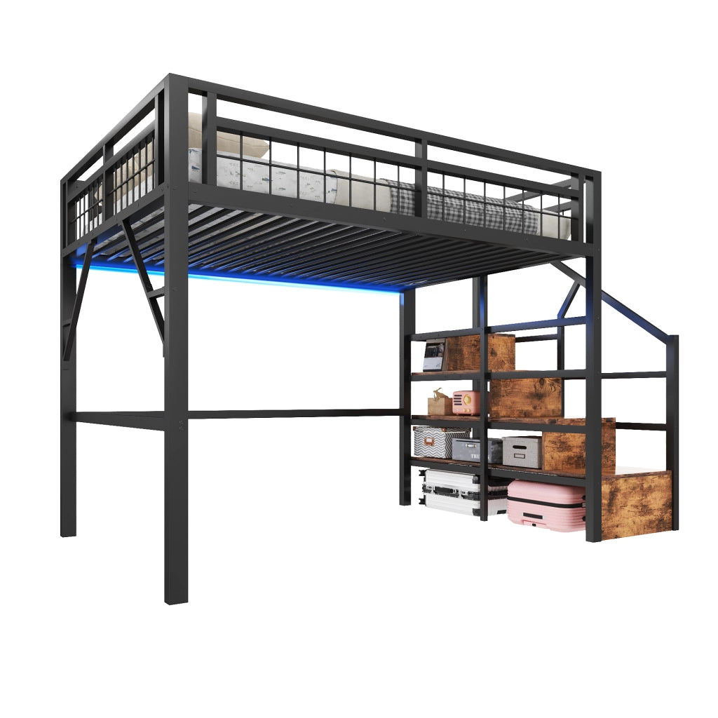 LETTO A CASTELLO 140 x 200 cm in metallo nero con LED e scale contenitore
