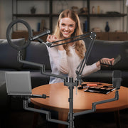 Supporto da terra 4in1 con 1 asta per microfono + 3 bracci articolati per accessori, con morsetto e ring light a 3 modalità, treppiede con rotelle per fotocamera per dirette e live