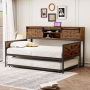 Divano letto metallico 90x200cm - Xylo - nero/marrone, ripiani, prese multifunzione