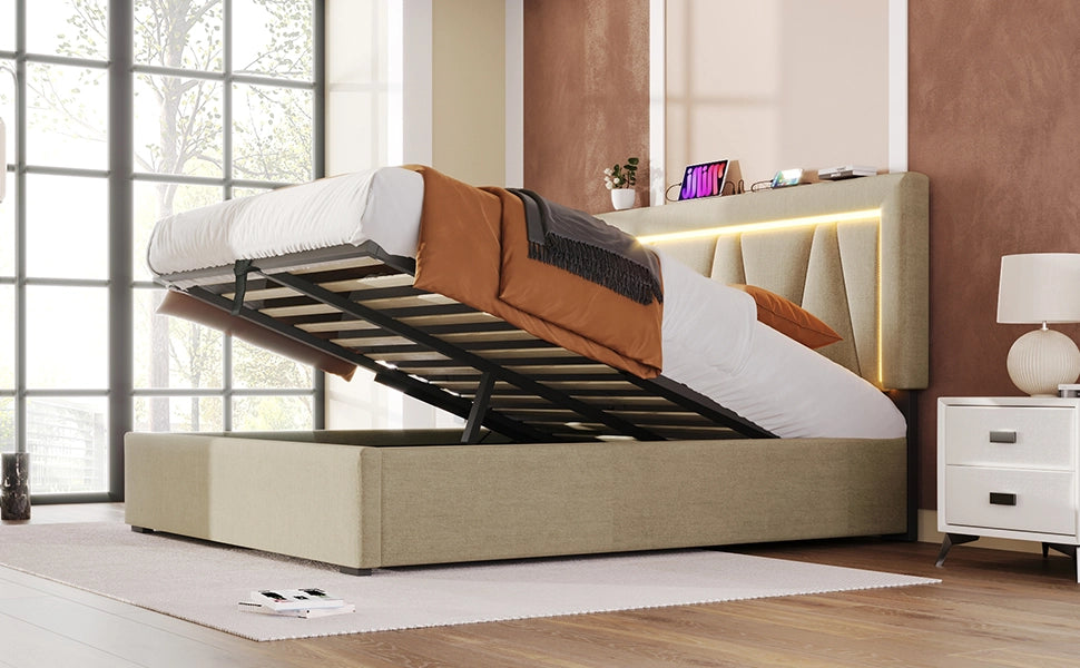 Letto matrimoniale imbottito 140x200 con LED, USB Type-C, contenitore e materasso incluso, beige