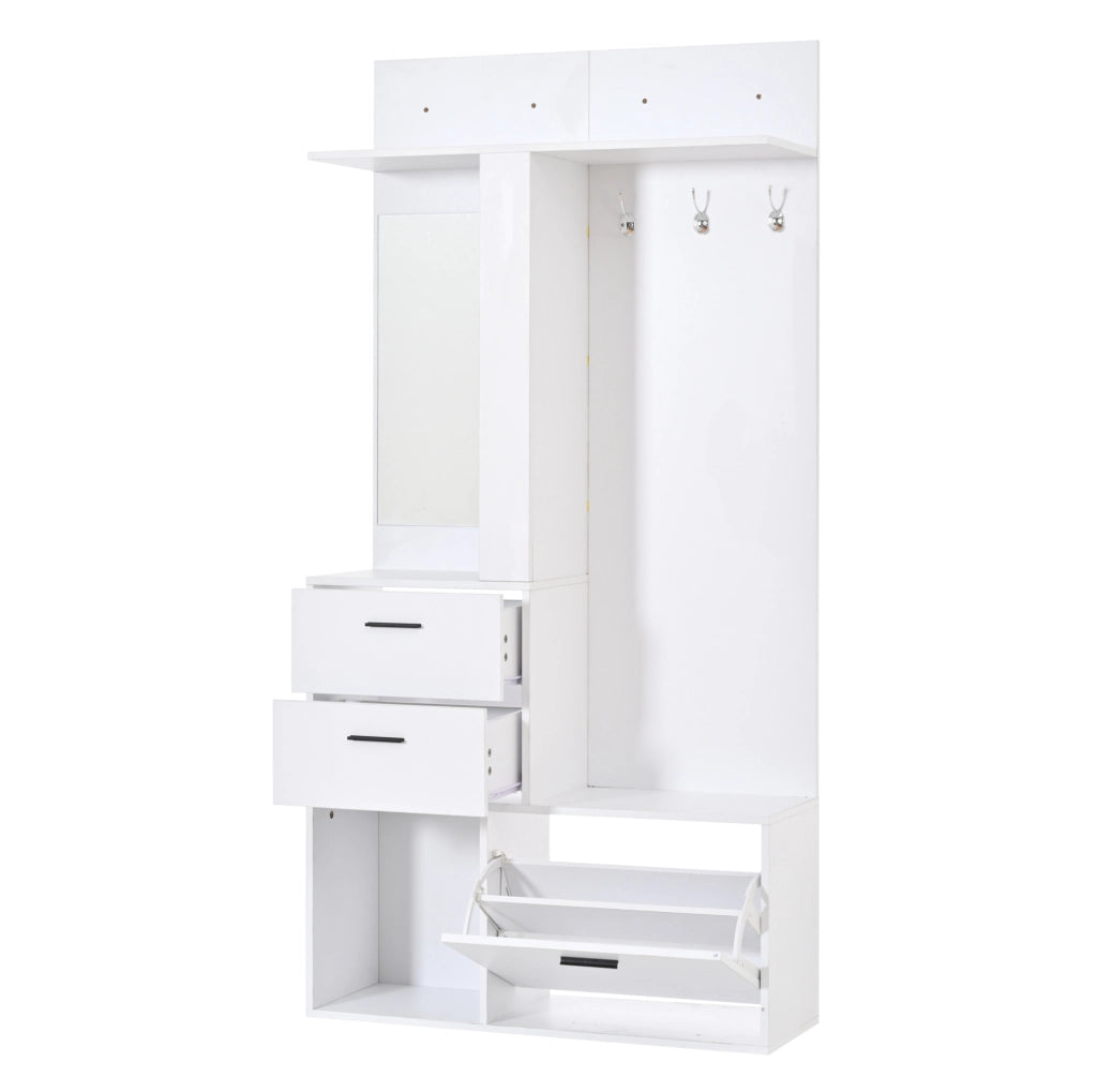 Guardaroba ingresso 140x30x200 cm con panca portascarpe; specchio e ganci in MDF bianco