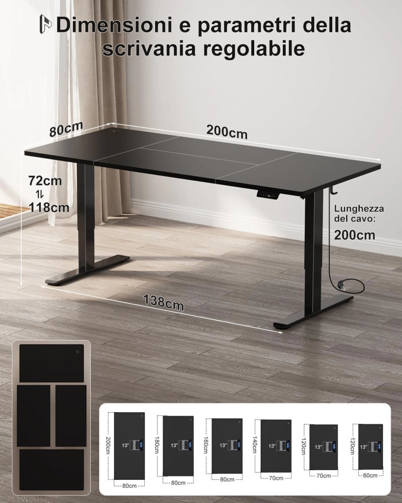 200x80 CM scrivania regolabile in altezza, scrivania da ufficio con quattro sezioni, scrivania per computer con funzione di memoria.