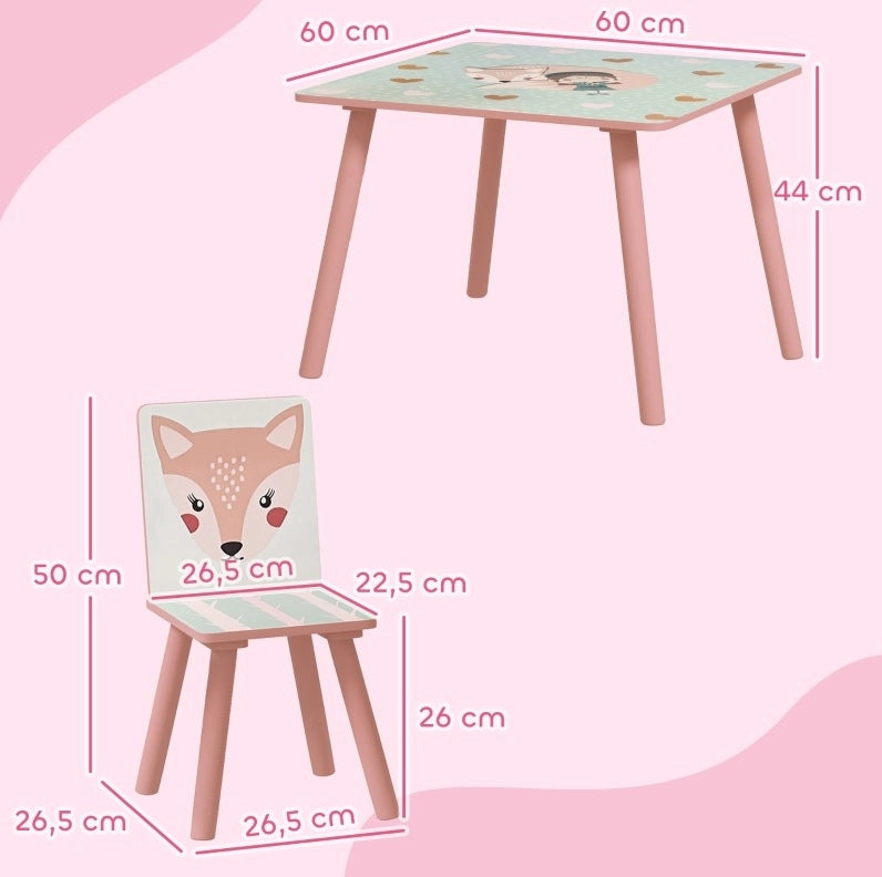 Set tavolo e 2 sedie per bambini in pino, rosa