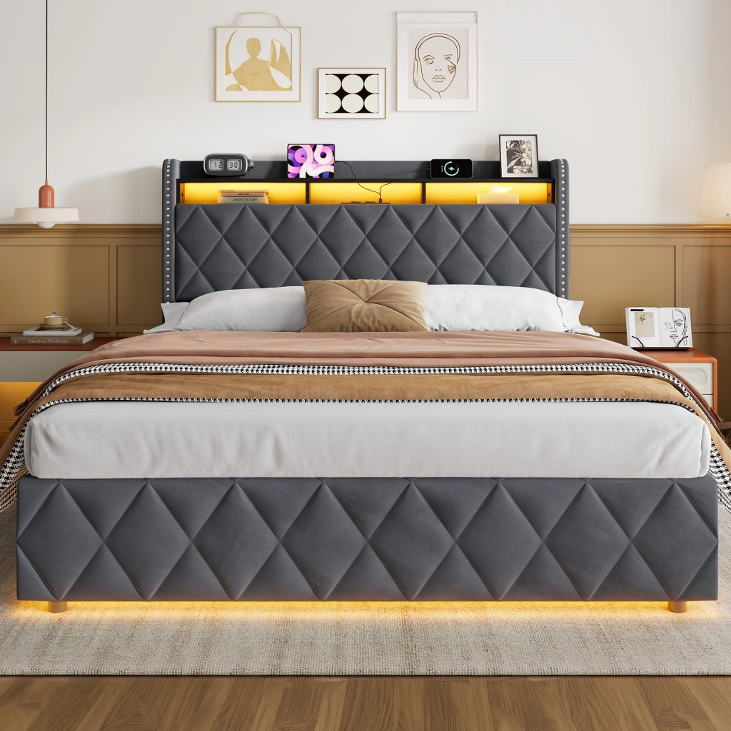 Letto matrimoniale imbottito contenitore grigio scuro 160x200 cm con LED e dock USB
