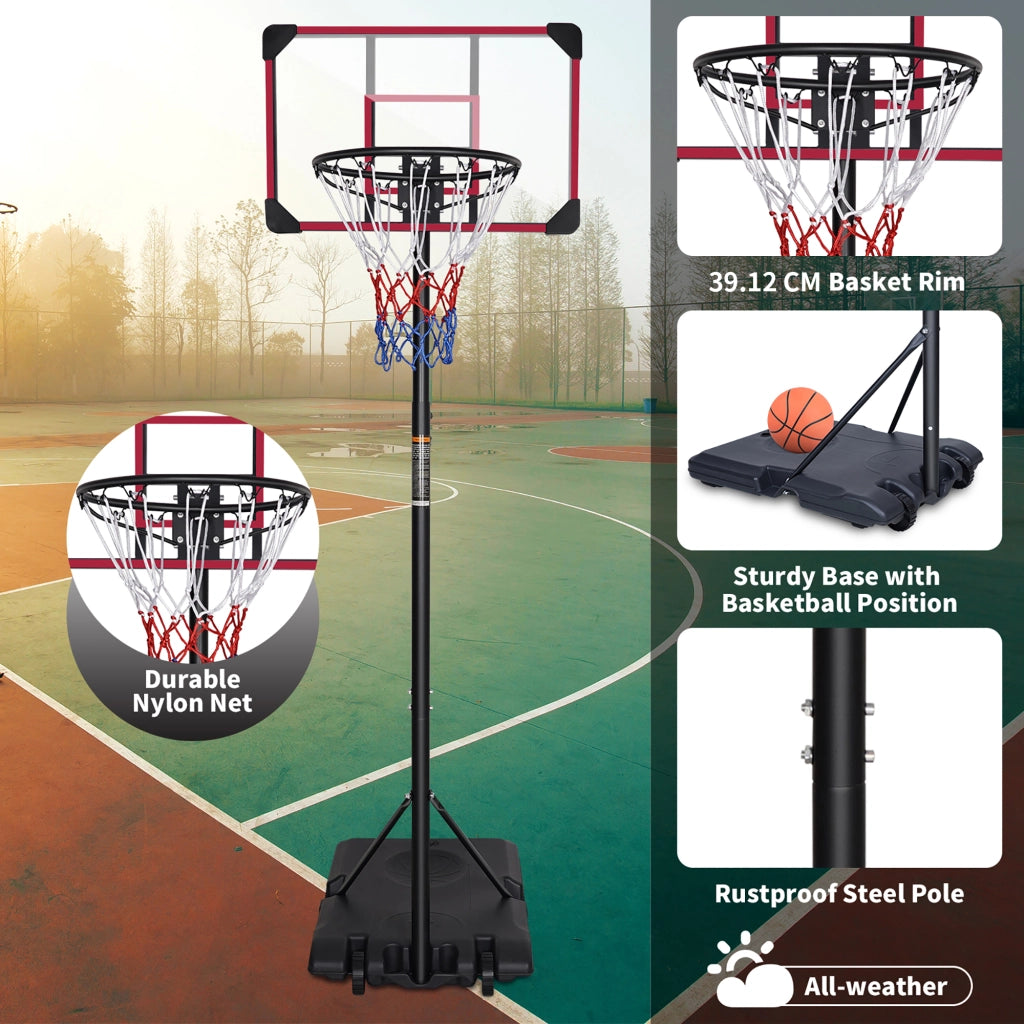 Canestro da basket regolabile in altezza con ruote per interni ed esterni in PE rattan e ferro nero e rosso