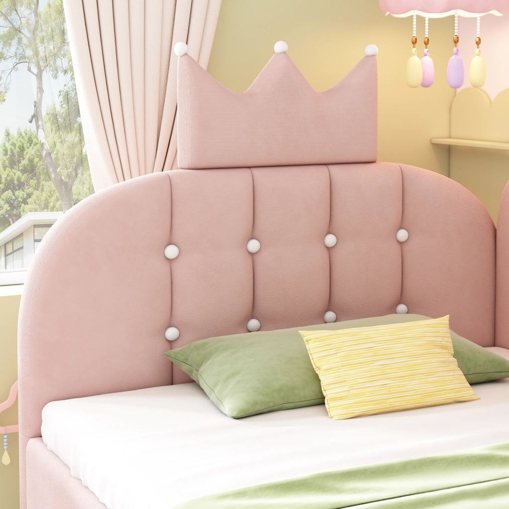Letto contenitore per bambini 90 × 200 cm con sollevamento idraulico, senza materasso, in velluto rosa