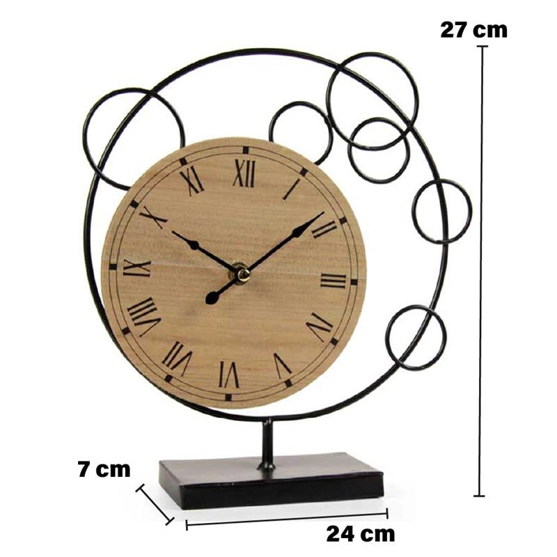 OROLOGIO DA TAVOLO CON QUADRANTE IN LEGNO 24X7X27CM STRUTTURA IN METALLO DI COLORE NERO