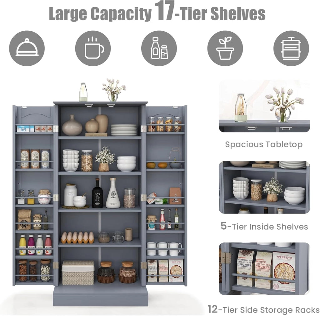 Mobiletto Multiuso con Ripiani Regolabile, Credenza Cucina Salvaspazio, Armadio a Buffet con Dispositivo Antiribaltamento, Madia Soggiorno Moderna per Sala da Pranzo, 60x40x120cm (Grigio)