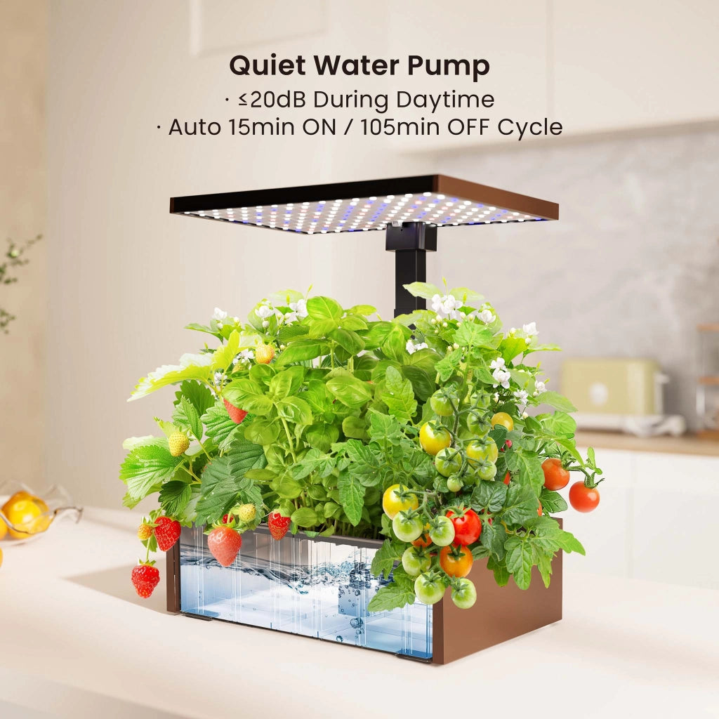 Serra idroponica, set per coltivazione idroponica in casa, con pannello di controllo e LED, serbatoio acqua 9,8 l, altezza regolabile, marrone