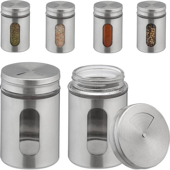 Set di contenitori per erbe da 6 - 290 ml contenitori XL da scuotere - Acciaio inossidabile e vetro - Argento