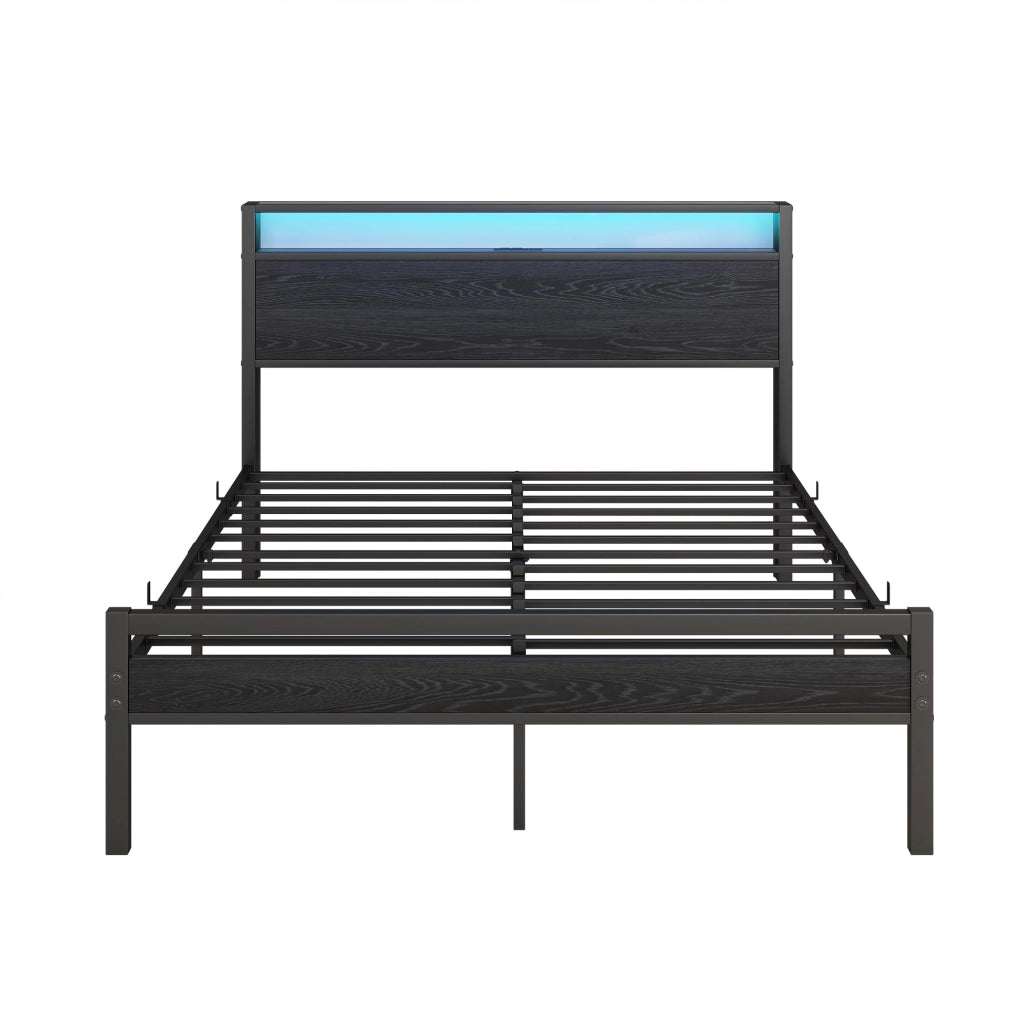 Letto 120x200 con contenitore, struttura in metallo, USB e luci LED, testiera con ripiani, nero