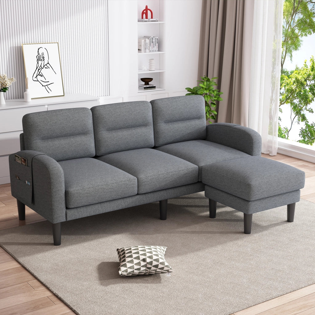 Divano angolare a L con chaise longue, 3 posti, tessuto grigio, 204x136x80 cm