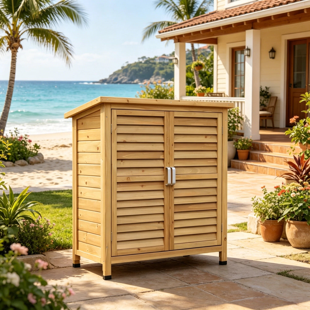 Armadio Da Giardino In Legno Giallo 87 X 46,5 X 96,5 Cm Con Ripiano E Doppia Porta Per Esterni E Interni