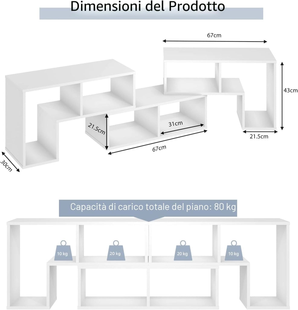 Mobile TV Soggiorno in Legno, Mobile Porta TV Liberamente Combinabile, per TV fino a 65”, Mobiletto TV Multifunzione con 6 Vani Aperti, 134 x 30 x 43 cm, Bianco (QE09327FQDE)