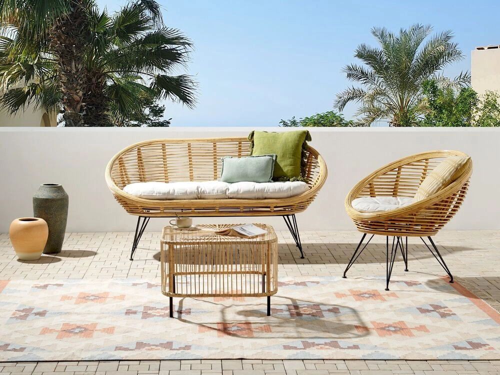 Set di divani a 3 posti con tavolino in rattan naturale beige chiaro con cuscino in cotone di media resistenza per interni, all'aperto, in stile bohémien,