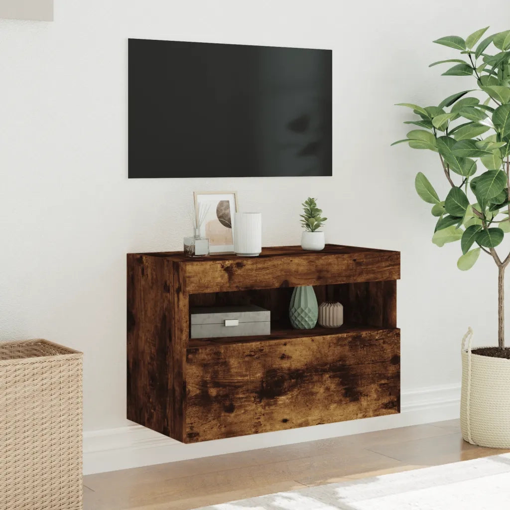 Mobile TV a Parete con Luci LED Rovere Fumo 60x30x40 cm 837191