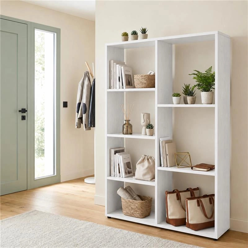 LIBRERIA IN LEGNO BIANCO MODERNA CON 7 RIPIANI SFALSATI DIMENSIONI 80X24X126 CM