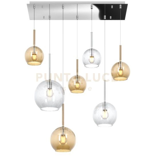 SOSP. CROMO RETTANGOLARE 7 LUCI VETRI (1 GRANDE TR+1 MEDIO AM+1 MEDIO TR +4 PICCOLO (3 X AM+1 X TR)) 1155CR-S7 RMIX-TA