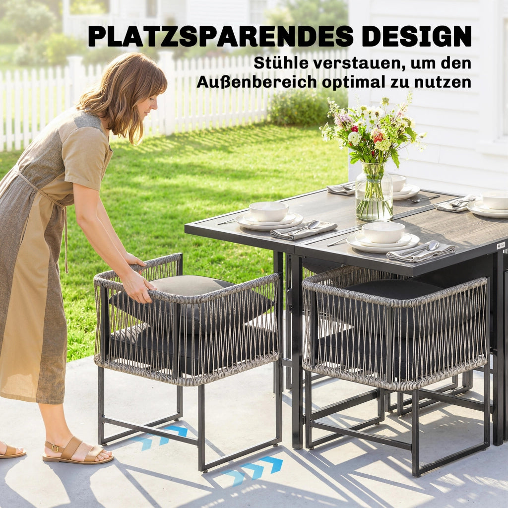 Set di mobili da giardino in polirattan a 5 pezzi; tavolo e 4 sedie; piano DPC; cuscini grigi; risparmio spazio