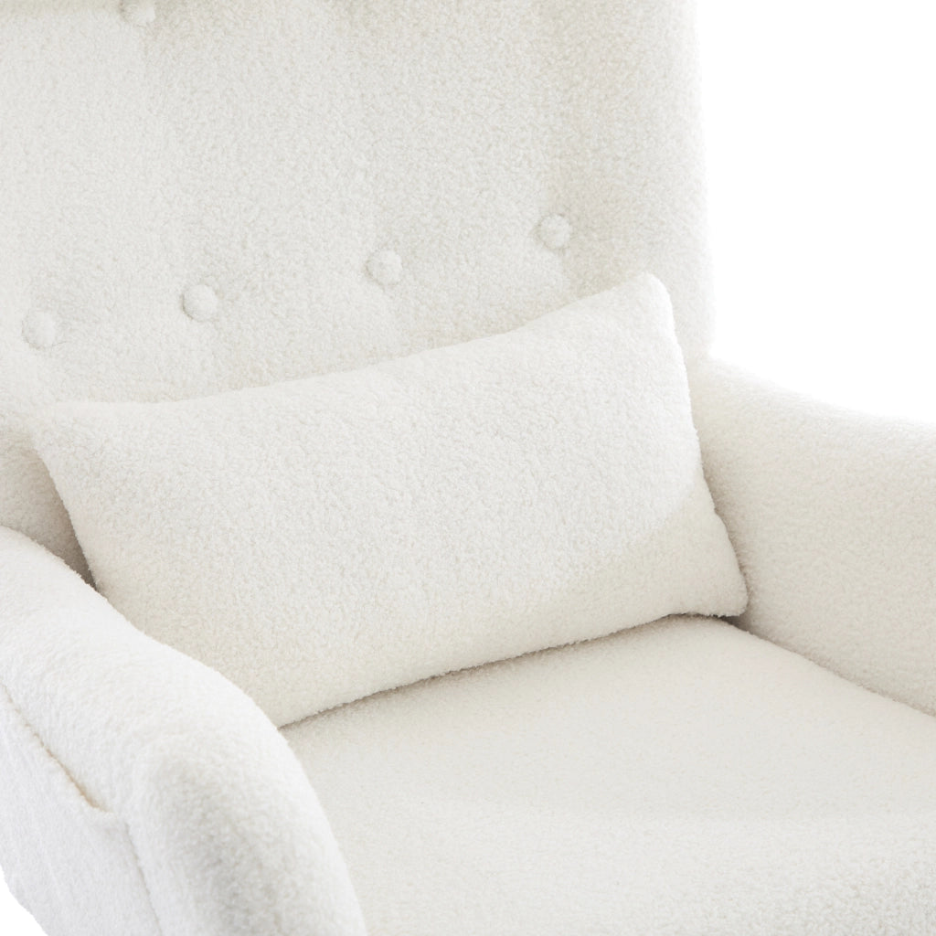 Sedia a dondolo 73x92x102 cm con cuscino per il collo e lombare e poggiapiedi in tessuto teddy bianco